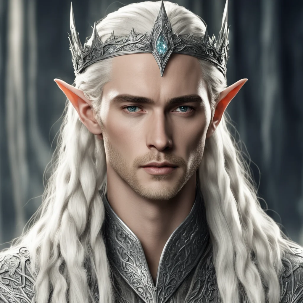 king thranduil with blond hair and braids wearing silver sindaran elvish crown embellished with diamonds