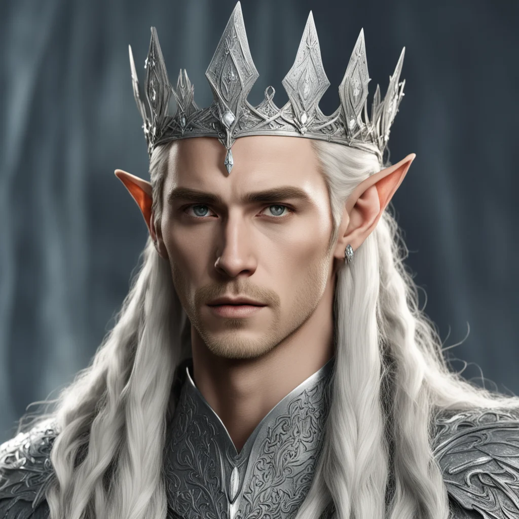 king thranduil with blond hair and braids wearing silver sindaran elvish crown embellished with large diamonds 