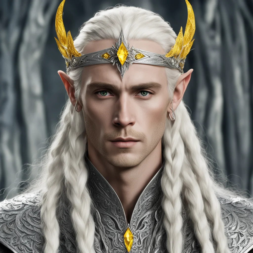 king thranduil with blond hair and braids wearing silver sindarian elvish circlet encrusted with diamond with large center yellow diamond  amazing awesome portrait 2