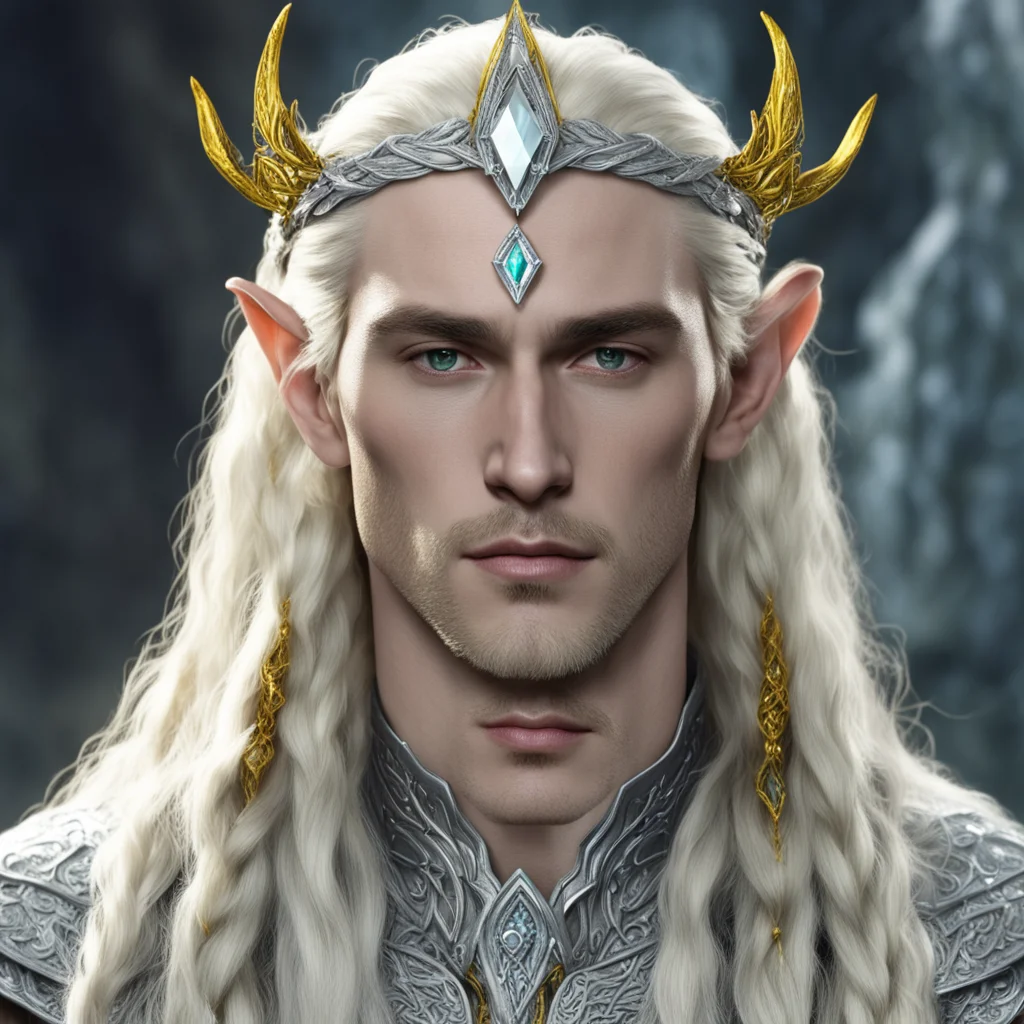 king thranduil with blond hair and braids wearing silver sindarian elvish circlet encrusted with diamond with large center yellow diamond  confident engaging wow artstation art 3