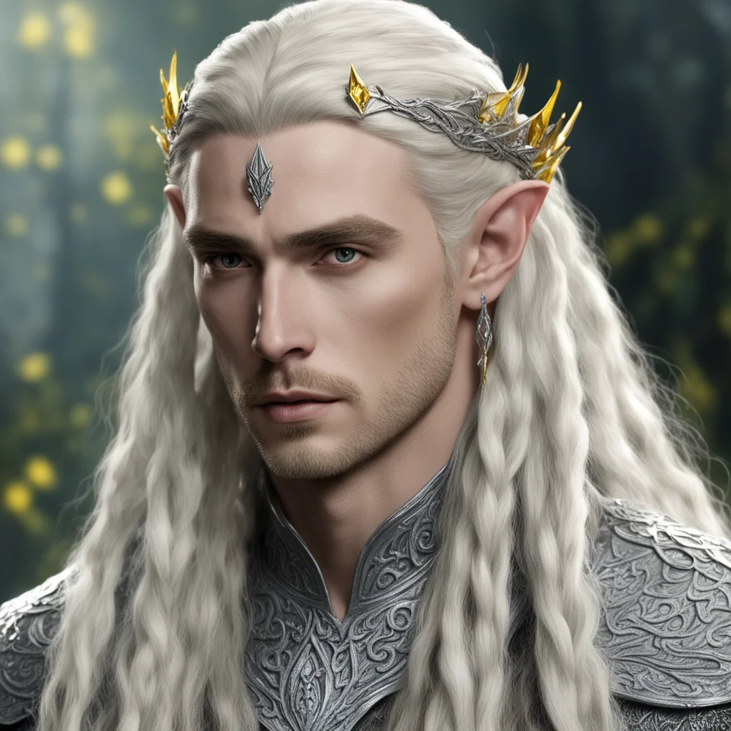 king thranduil with blond hair and braids wearing silver sindarian elvish circlet encrusted with diamond with large center yellow diamond  good looking trending fantastic 1