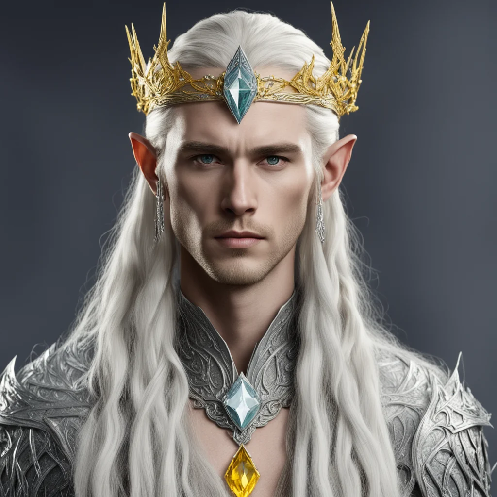 king thranduil with blond hair and braids wearing silver sindarian elvish circlet encrusted with diamond with large center yellow diamond good looking trending fantastic 1