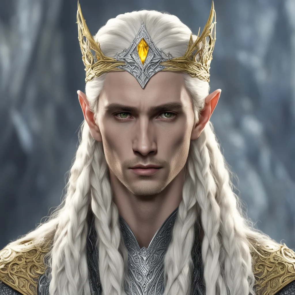 king thranduil with blond hair and braids wearing silver sindarian elvish circlet encrusted with diamond with large center yellow diamond