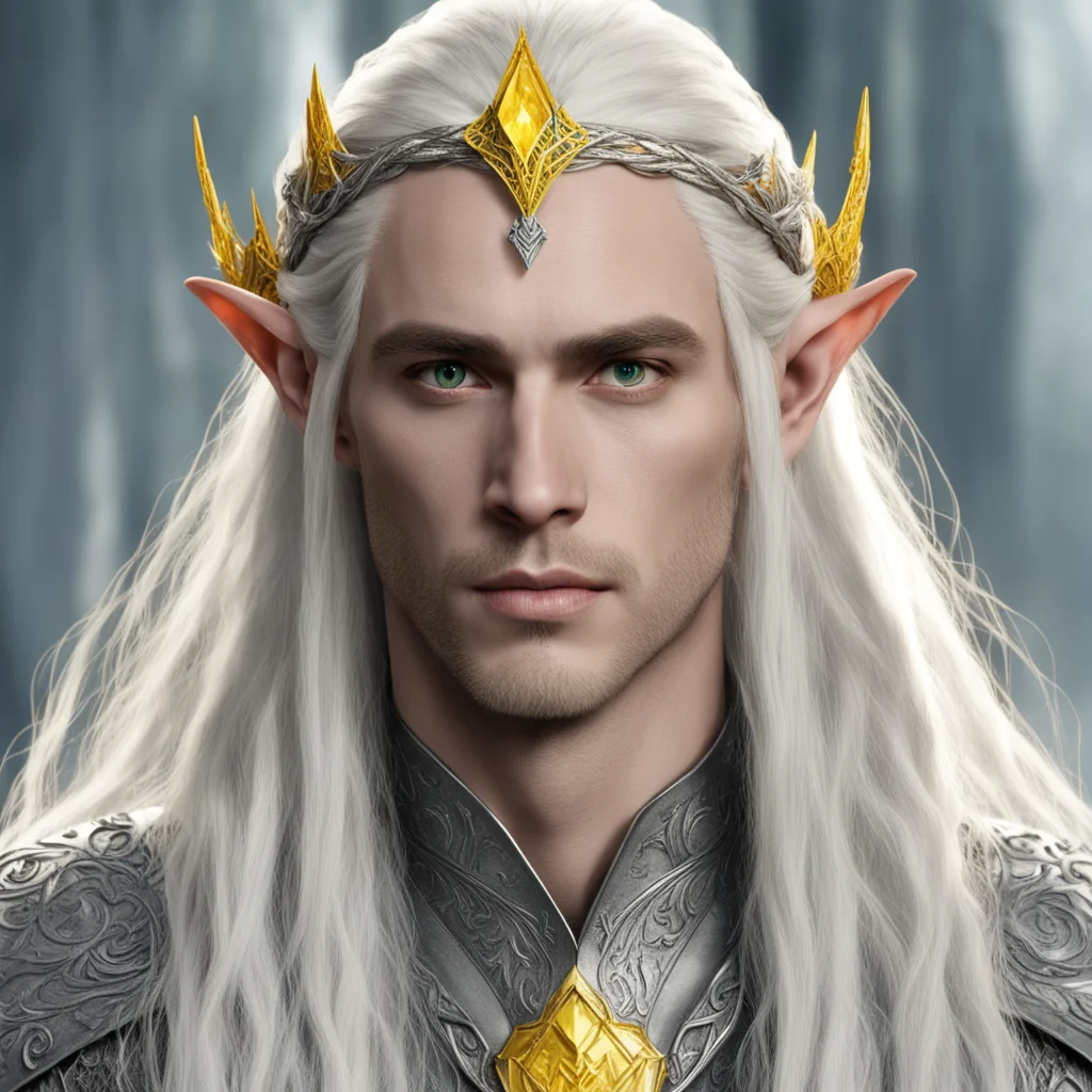 king thranduil with blond hair and braids wearing silver sindarian elvish circlet with large center yellow diamond good looking trending fantastic 1