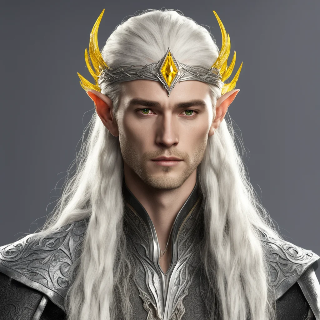king thranduil with blond hair and braids wearing silver sindarian elvish circlet with large center yellow diamond