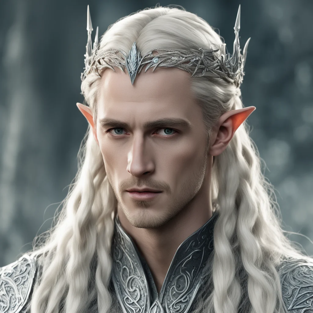 king thranduil with blond hair and braids wearing silver sindarin elvish circlet encrusted with diamonds confident engaging wow artstation art 3