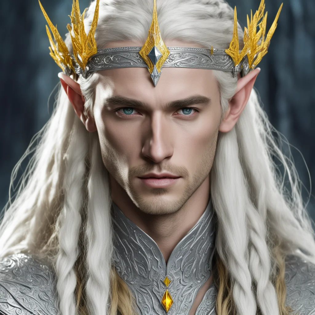 king thranduil with blond hair and braids wearing silver sindarin elvish circlet encrusted with diamonds with large center yellow diamond good looking trending fantastic 1