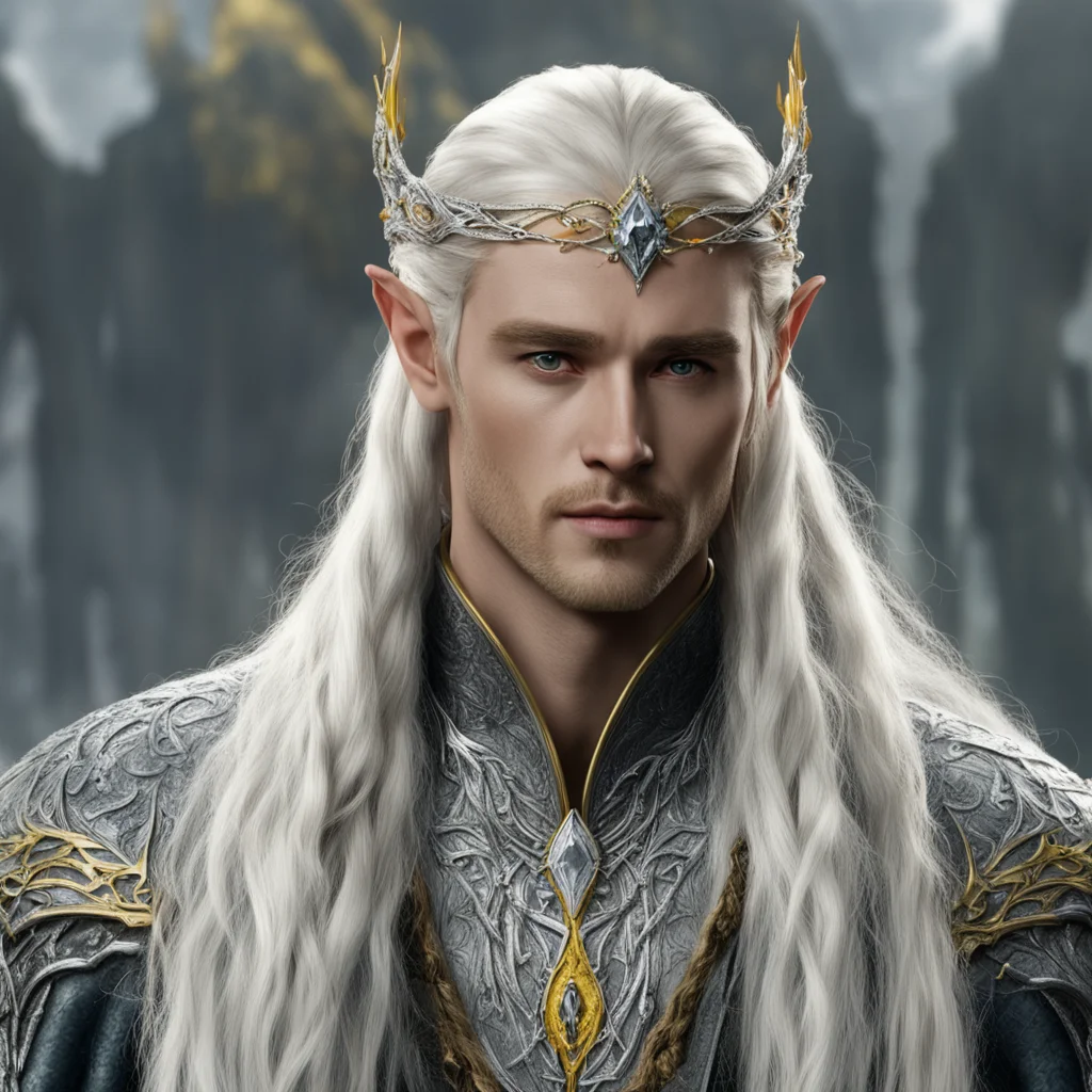 king thranduil with blond hair and braids wearing silver sindarin elvish circlet encrusted with diamonds with large center yellow diamond