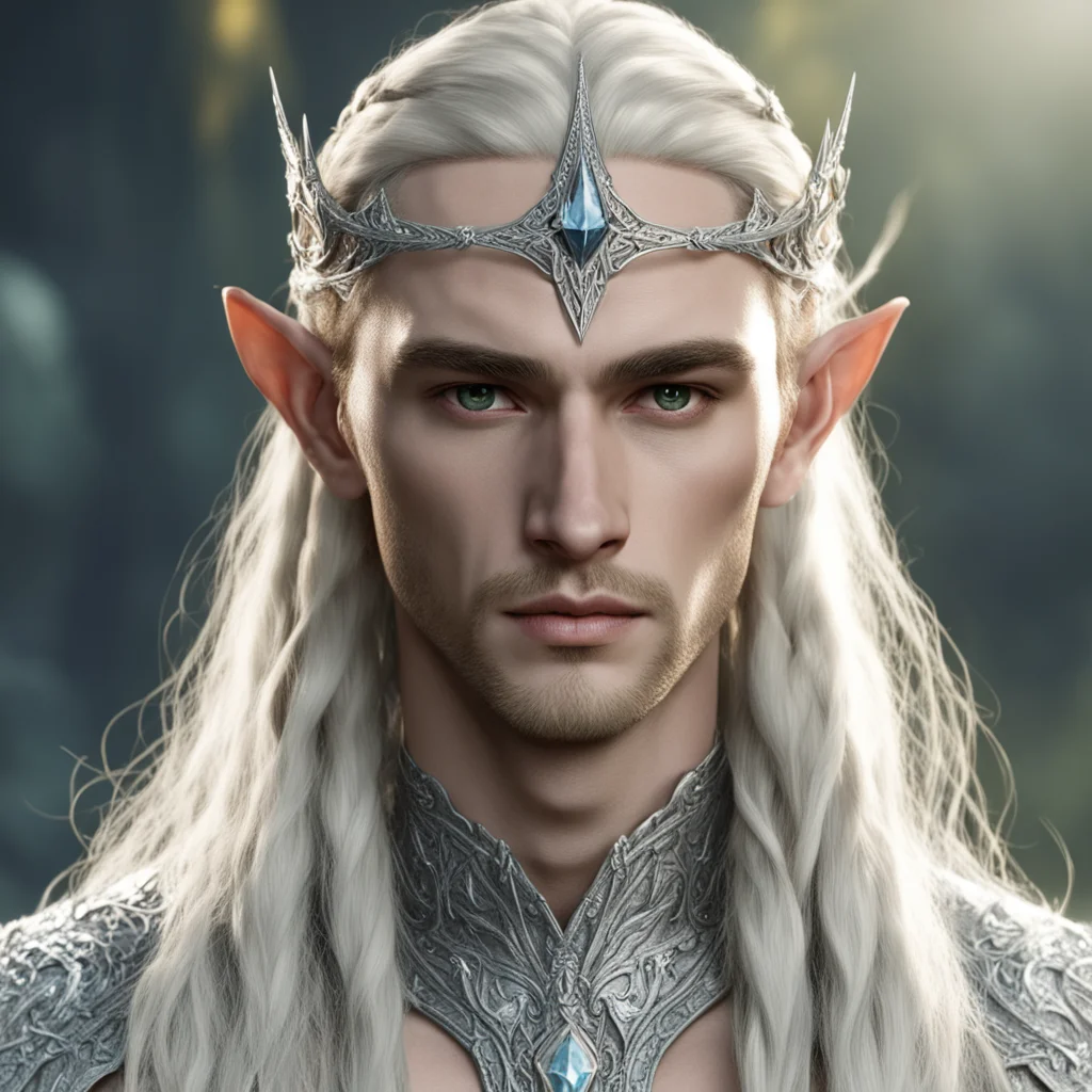 king thranduil with blond hair and braids wearing silver sindarin elvish circlet encrusted with diamonds with large yellowish diamond in the center good looking trending fantastic 1