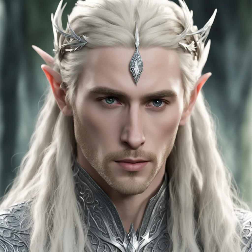 king thranduil with blond hair and braids wearing silver sindarin elvish circlet with large center diamond  confident engaging wow artstation art 3