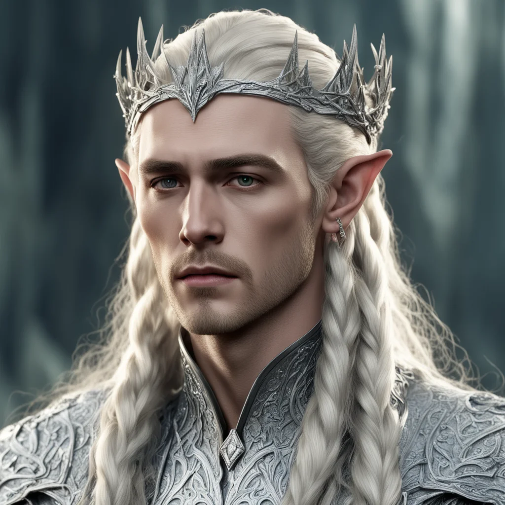 king thranduil with blond hair and braids wearing silver sindarin elvish crown encrusted with diamonds with large center diamond confident engaging wow artstation art 3