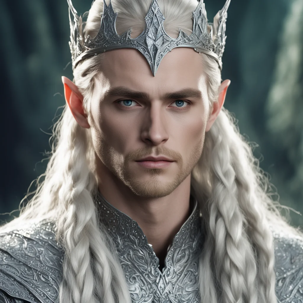 king thranduil with blond hair and braids wearing silver sindarin elvish crown encrusted with diamonds with large center diamond good looking trending fantastic 1