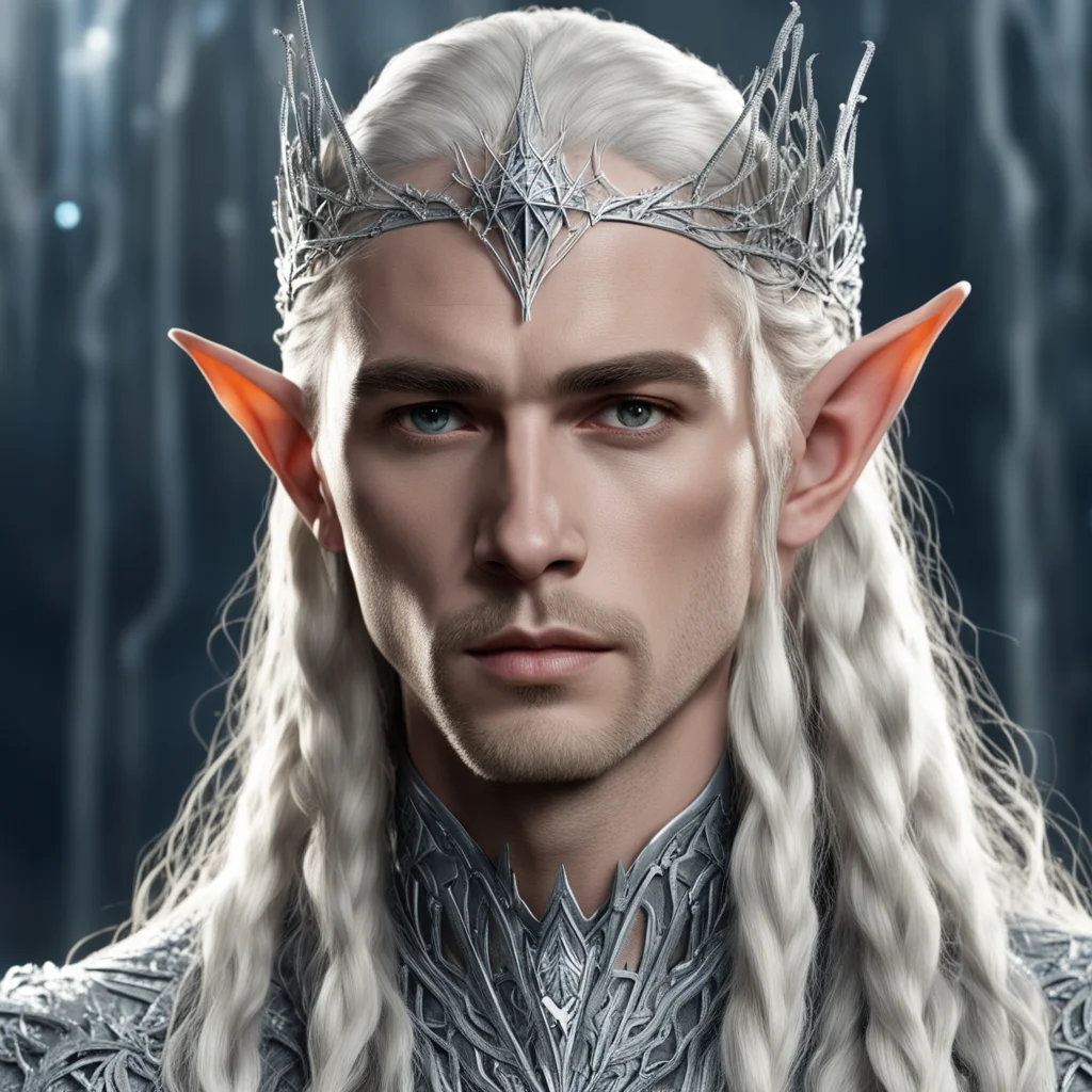 king thranduil with blond hair and braids wearing silver spiders encrusted with diamonds to form silver elvish circlet with large center diamond  amazing awesome portrait 2