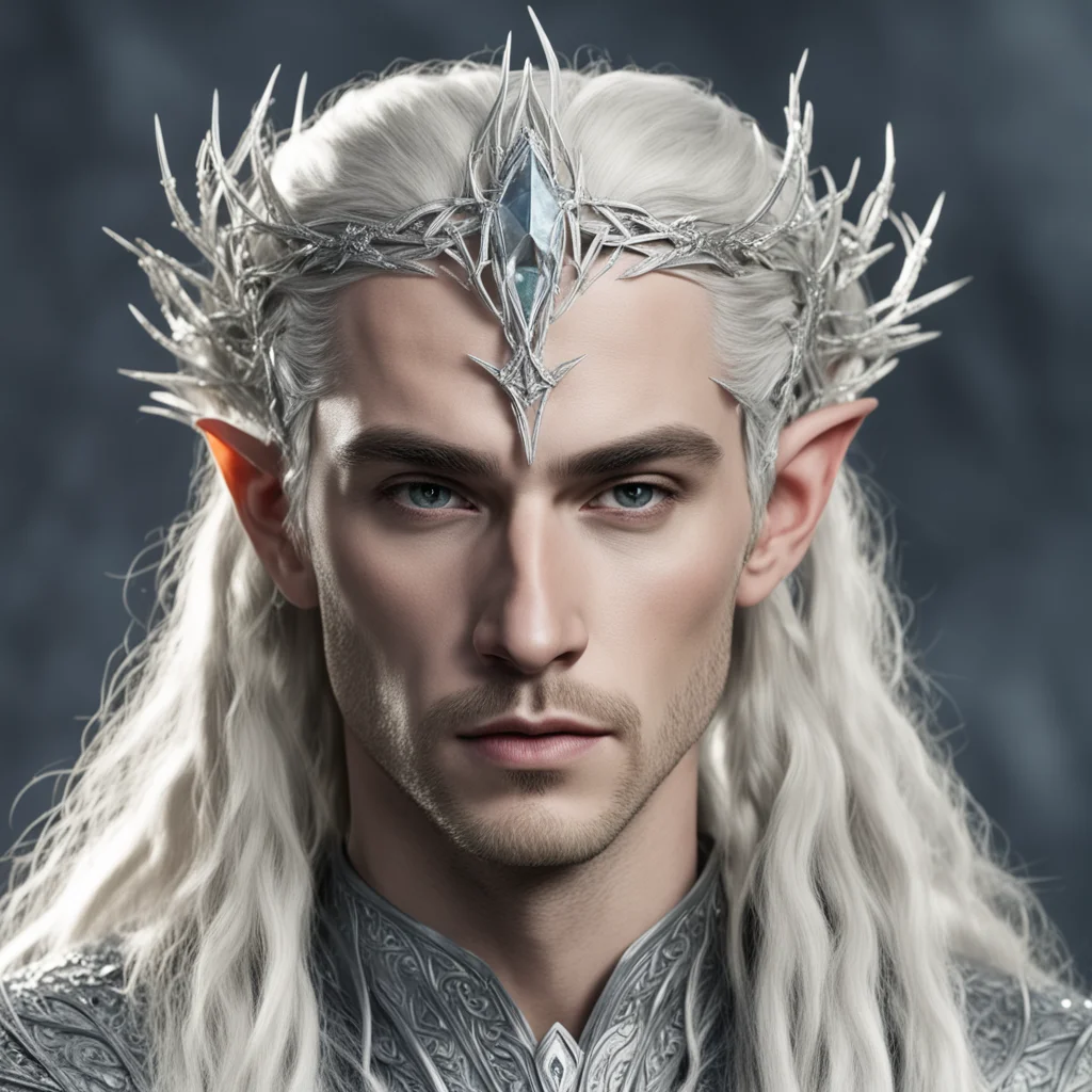 king thranduil with blond hair and braids wearing silver spiders encrusted with diamonds to form silver elvish circlet with large center diamond  confident engaging wow artstation art 3