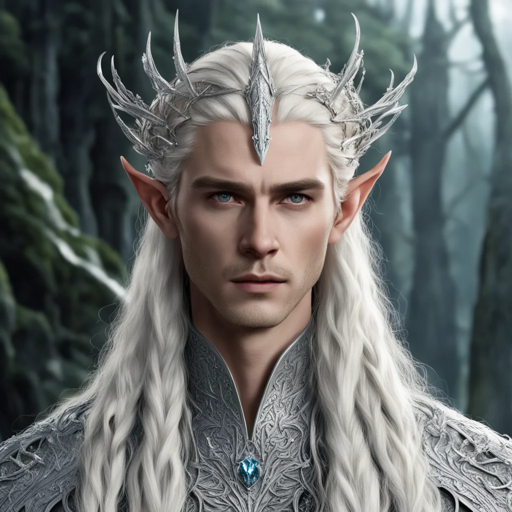 king thranduil with blond hair and braids wearing silver spiders encrusted with diamonds to form silver elvish circlet with large center diamond  good looking trending fantastic 1