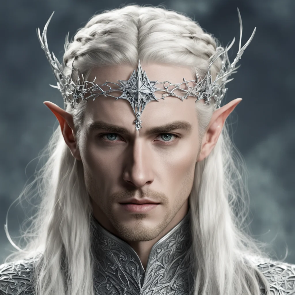 king thranduil with blond hair and braids wearing silver spiders encrusted with diamonds to form silver elvish circlet with large center diamond 