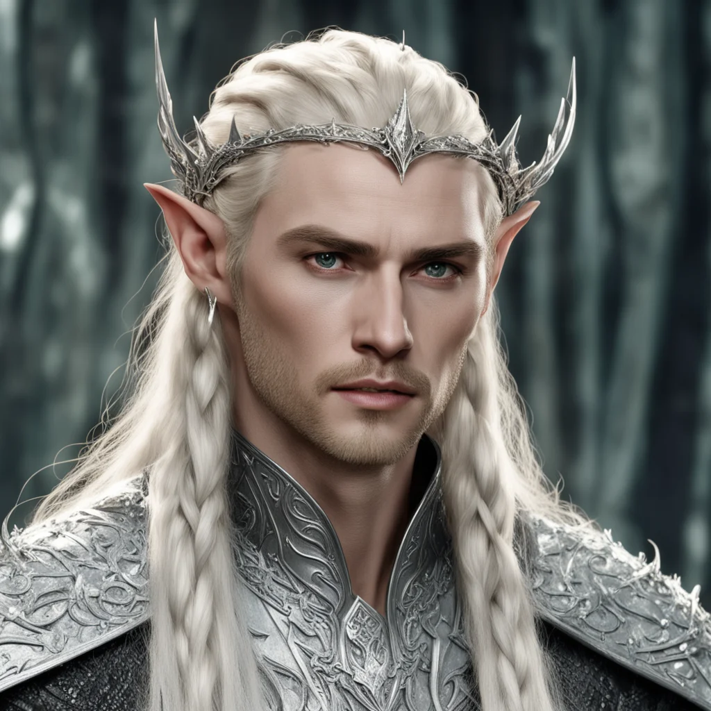 king thranduil with blond hair and braids wearing silver spiked elvish circlet encrusted with diamonds and with large center diamond amazing awesome portrait 2