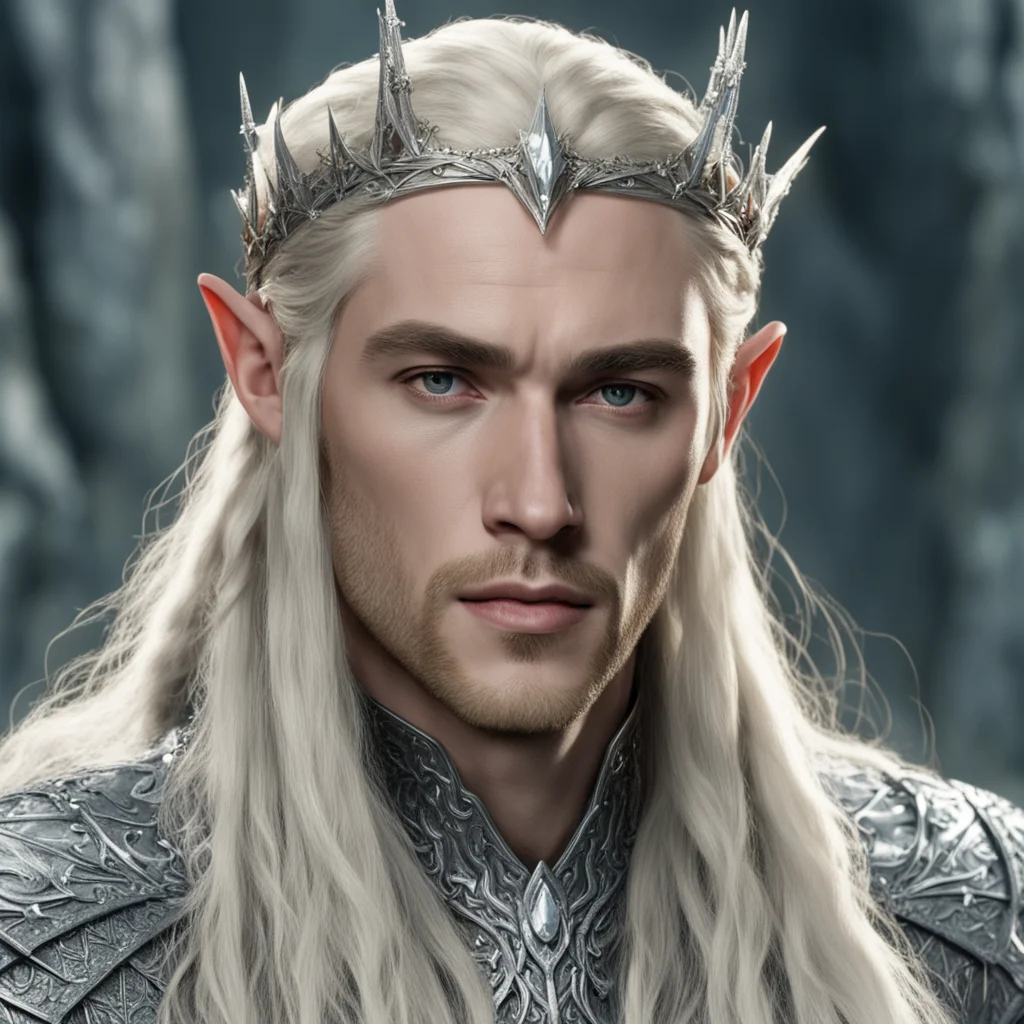 aiking thranduil with blond hair and braids wearing silver spiked elvish circlet encrusted with diamonds and with large center diamond confident engaging wow artstation art 3