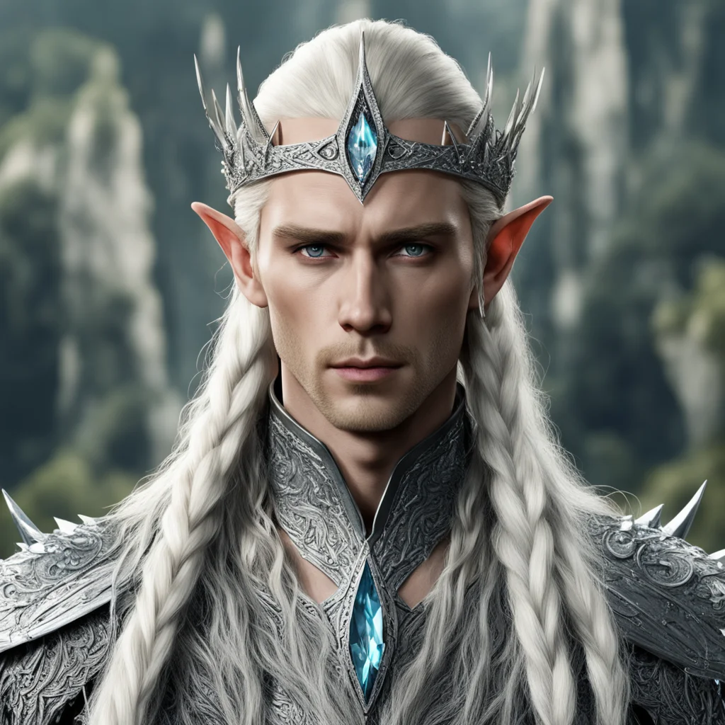 king thranduil with blond hair and braids wearing silver spiked elvish circlet encrusted with diamonds and with large center diamond good looking trending fantastic 1