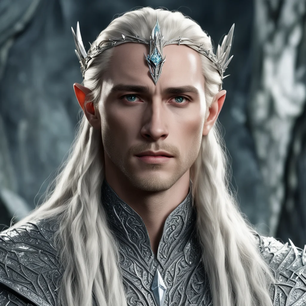 king thranduil with blond hair and braids wearing silver spiked elvish circlet encrusted with diamonds and with large center diamond