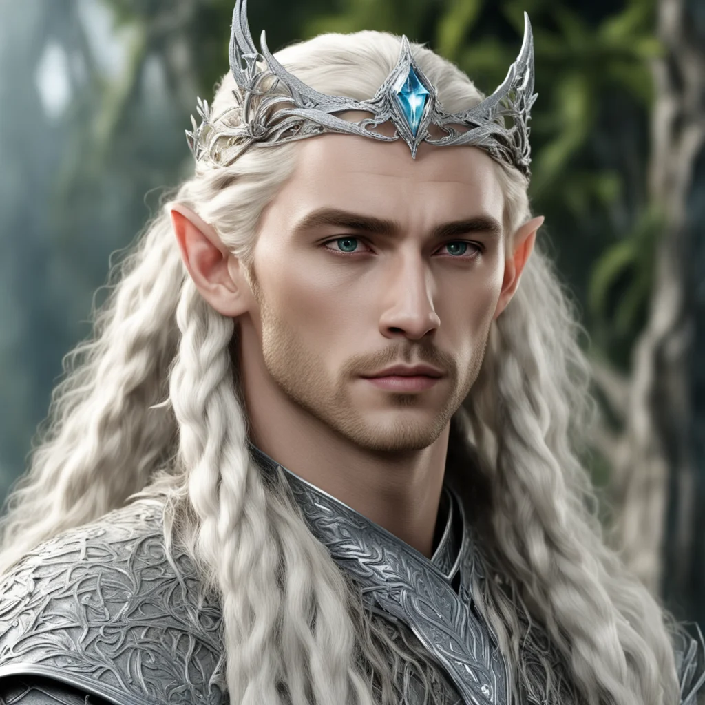 king thranduil with blond hair and braids wearing silver stag elvish circlet encrusted with diamonds with large center diamond amazing awesome portrait 2