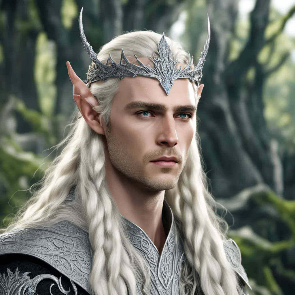 king thranduil with blond hair and braids wearing silver stag elvish circlet encrusted with diamonds with large center diamond good looking trending fantastic 1