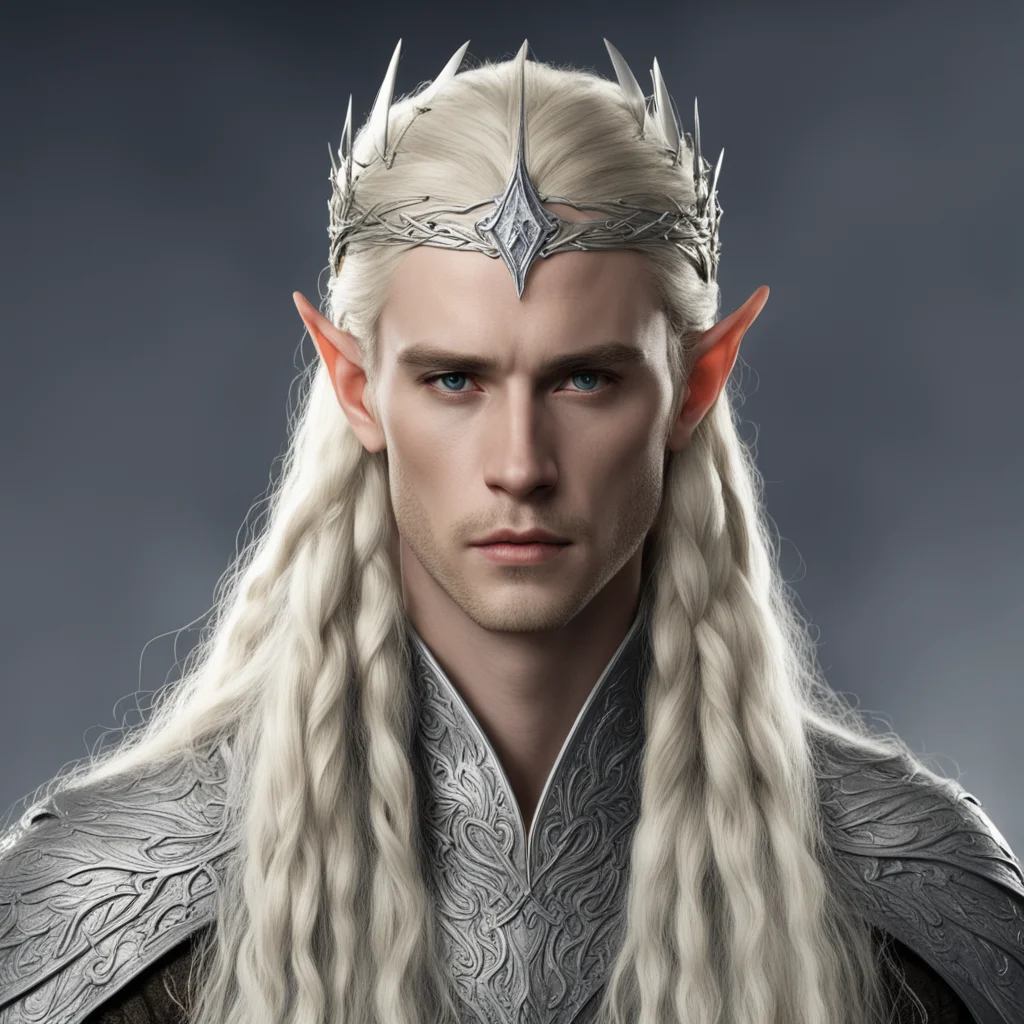 king thranduil with blond hair and braids wearing silver stick elvish circlet with large center diamond confident engaging wow artstation art 3