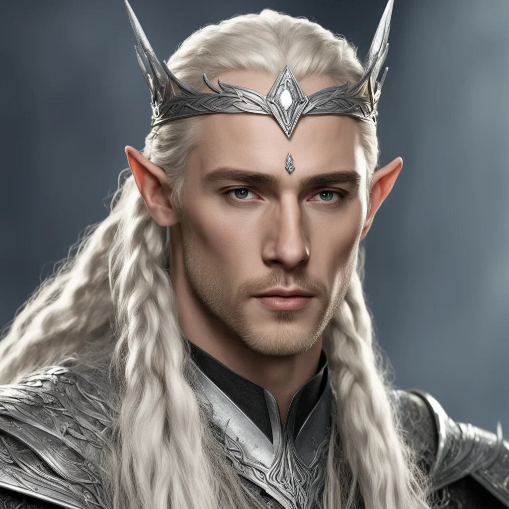 king thranduil with blond hair and braids wearing silver stick elvish circlet with large center diamond