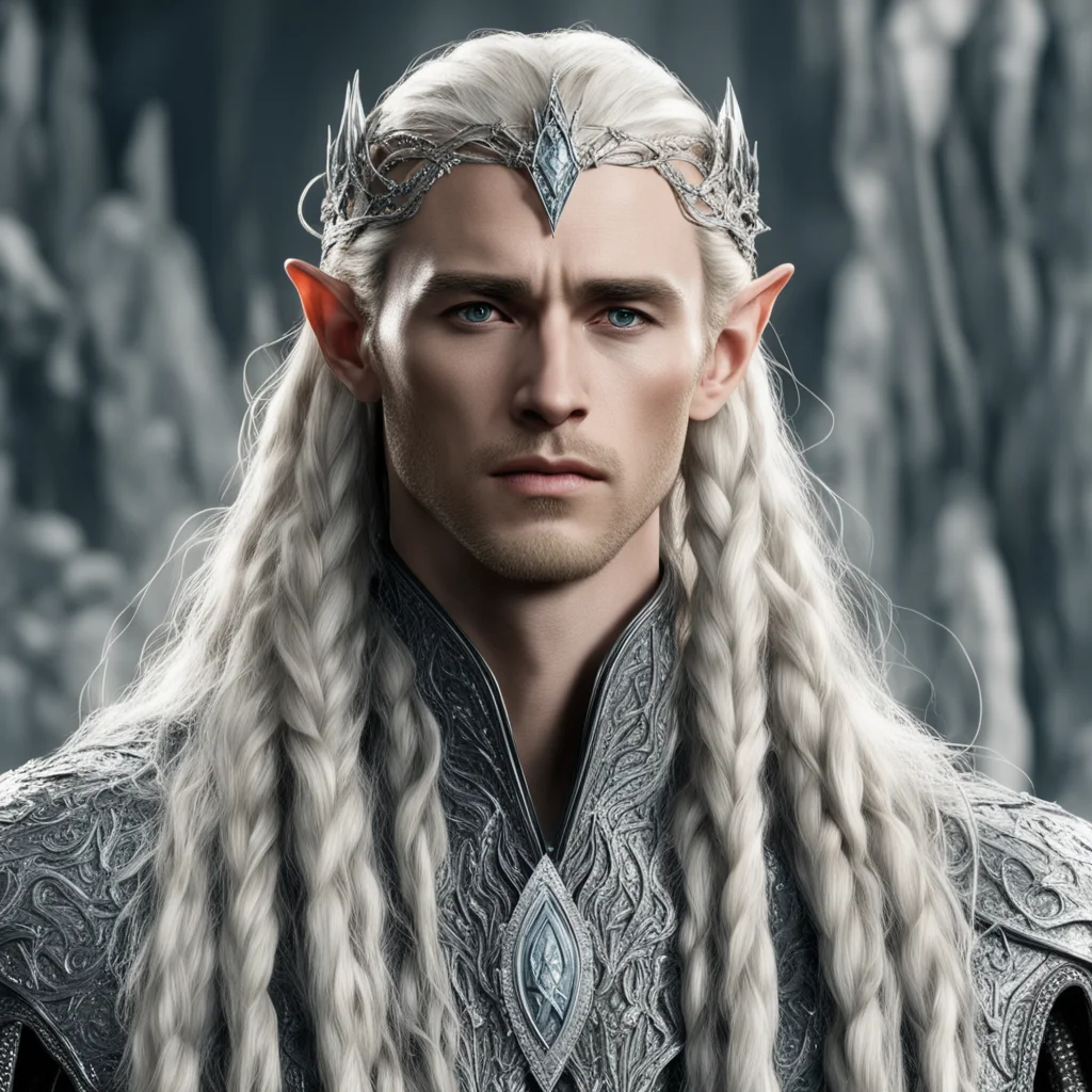 king thranduil with blond hair and braids wearing silver sticks encrusted with diamonds to form silver elvish coroner with large center diamond  amazing awesome portrait 2