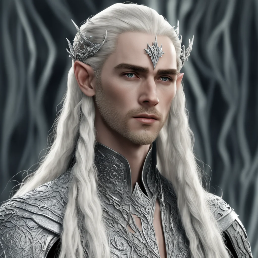 king thranduil with blond hair and braids wearing silver sticks encrusted with diamonds to form silver elvish coroner with large center diamond  confident engaging wow artstation art 3