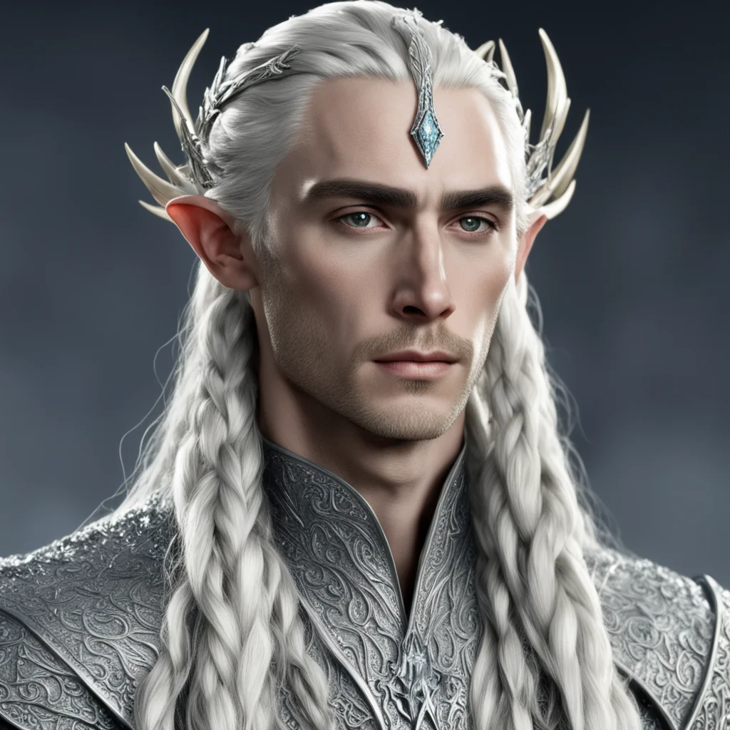 king thranduil with blond hair and braids wearing silver sticks encrusted with diamonds to form silver elvish coroner with large center diamond  good looking trending fantastic 1