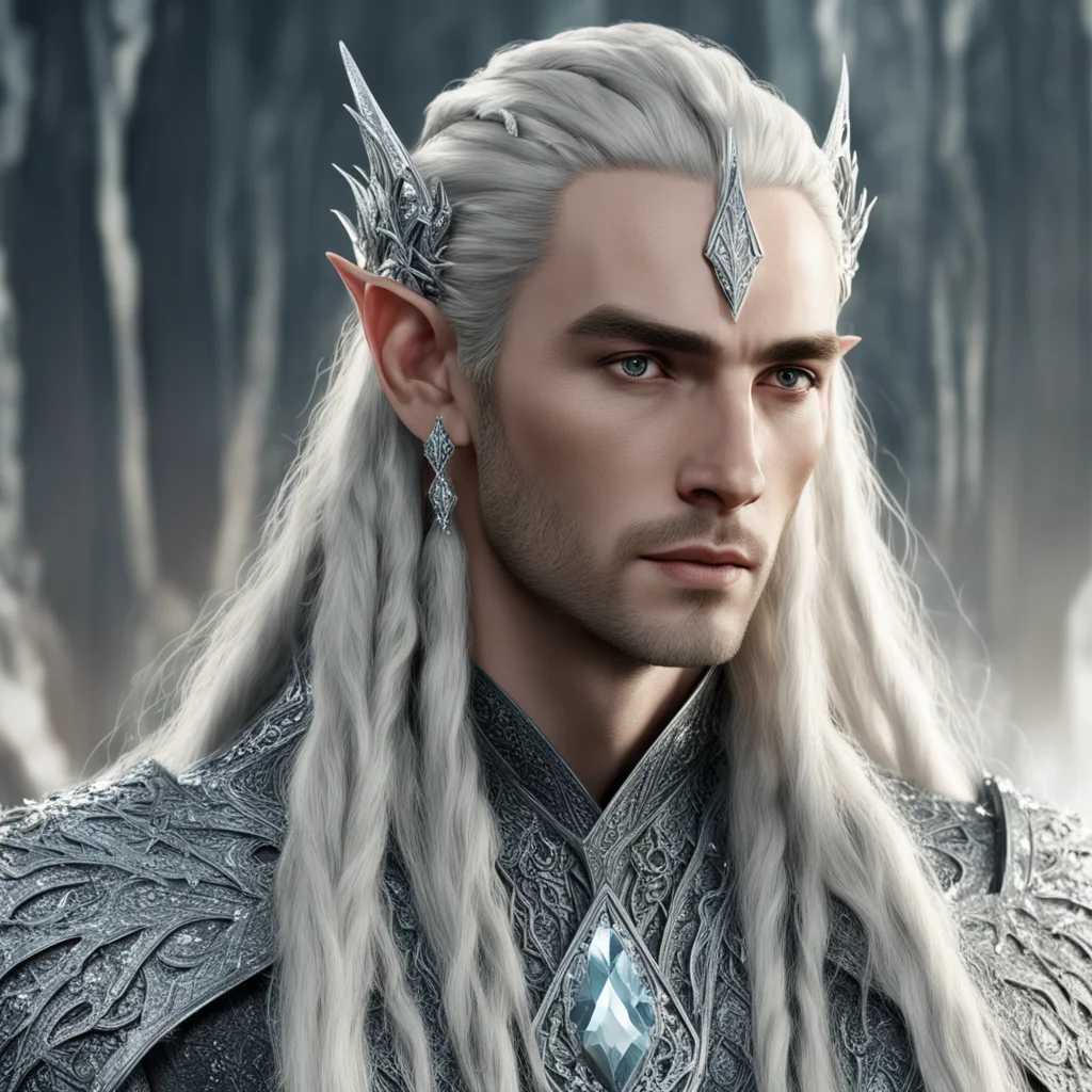 king thranduil with blond hair and braids wearing silver sticks encrusted with diamonds to form silver elvish coroner with large center diamond 