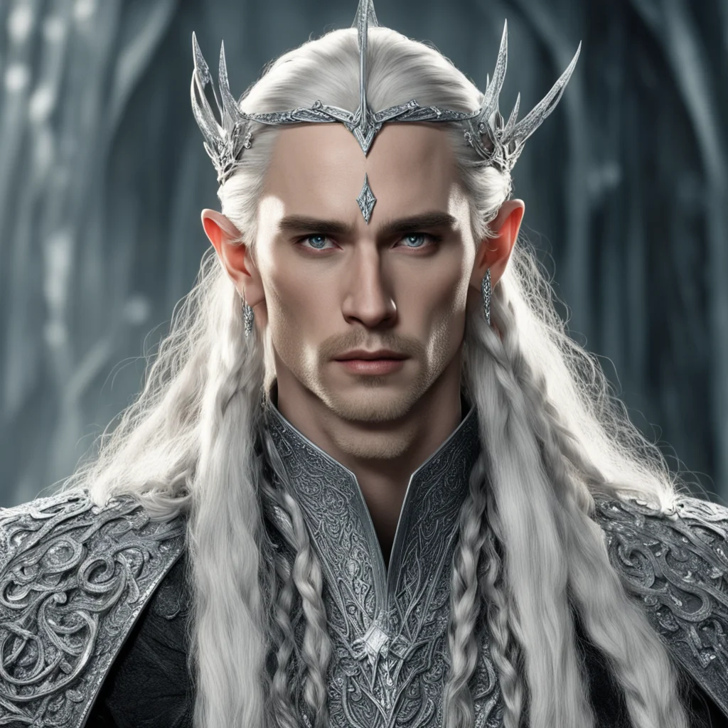 aiking thranduil with blond hair and braids wearing silver sticks encrusted with diamonds to form silver elvish coroner with large center diamond confident engaging wow artstation art 3