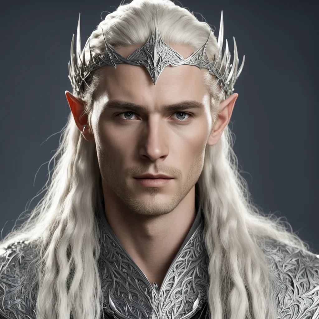 aiking thranduil with blond hair and braids wearing silver sticks interwoven to make spike silver elvish coronet with diamond with large center diamond confident engaging wow artstation art 3