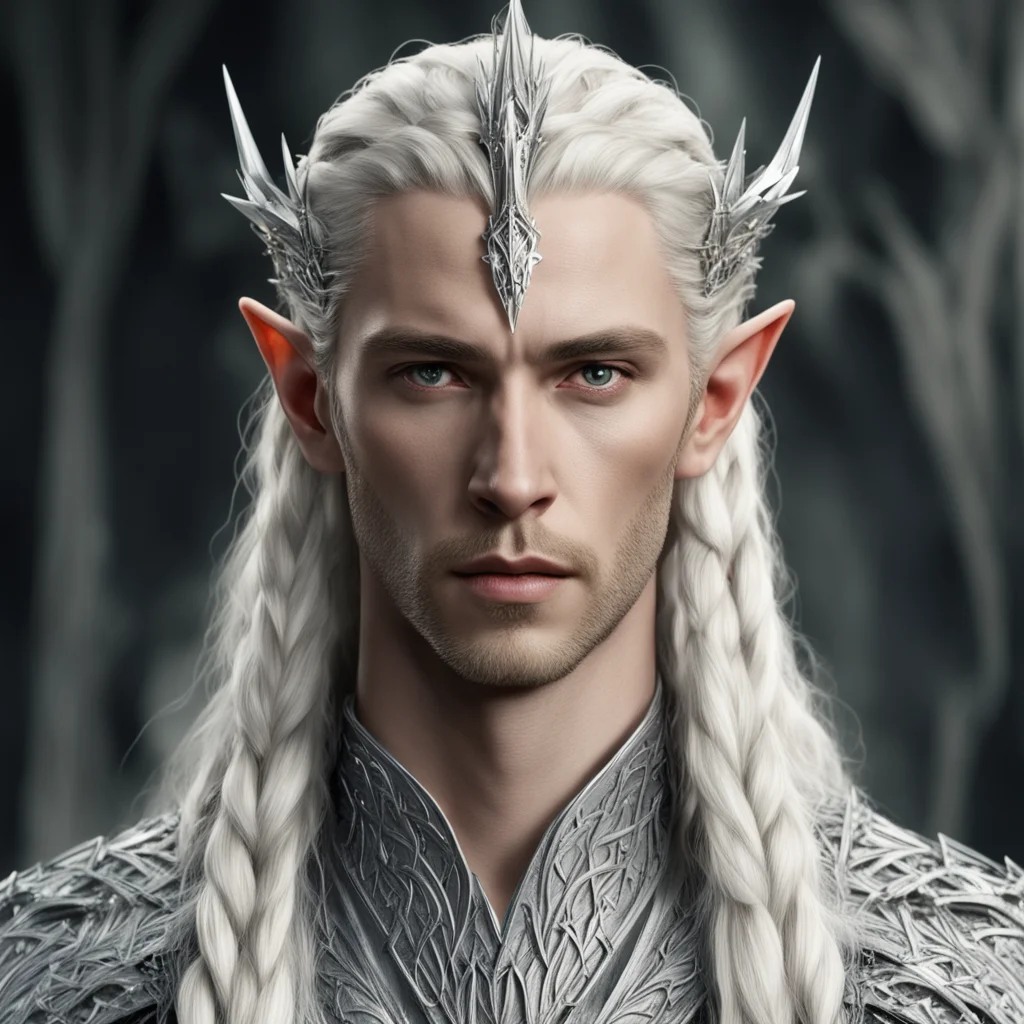 king thranduil with blond hair and braids wearing silver sticks interwoven to make spike silver elvish coronet with diamond with large center diamond good looking trending fantastic 1