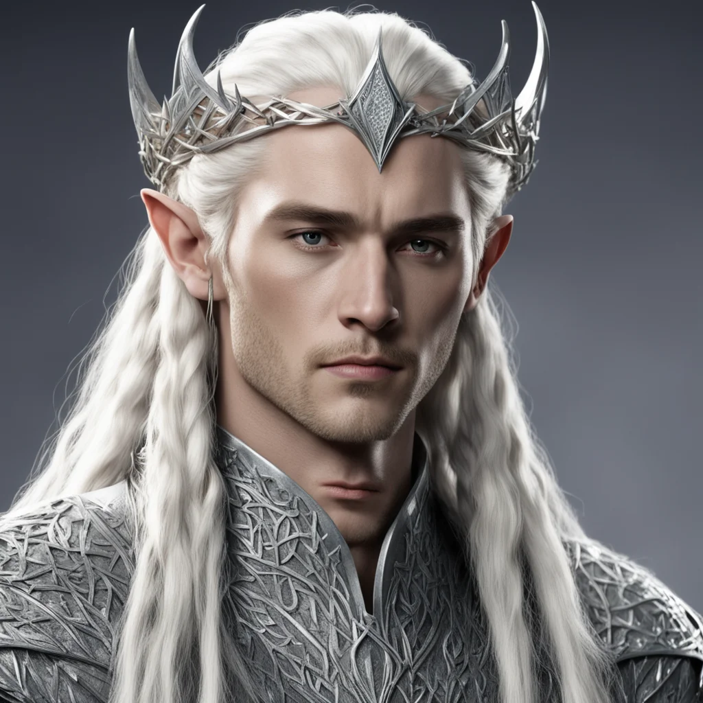 king thranduil with blond hair and braids wearing silver sticks interwoven to make spike silver elvish coronet with diamond with large center diamond