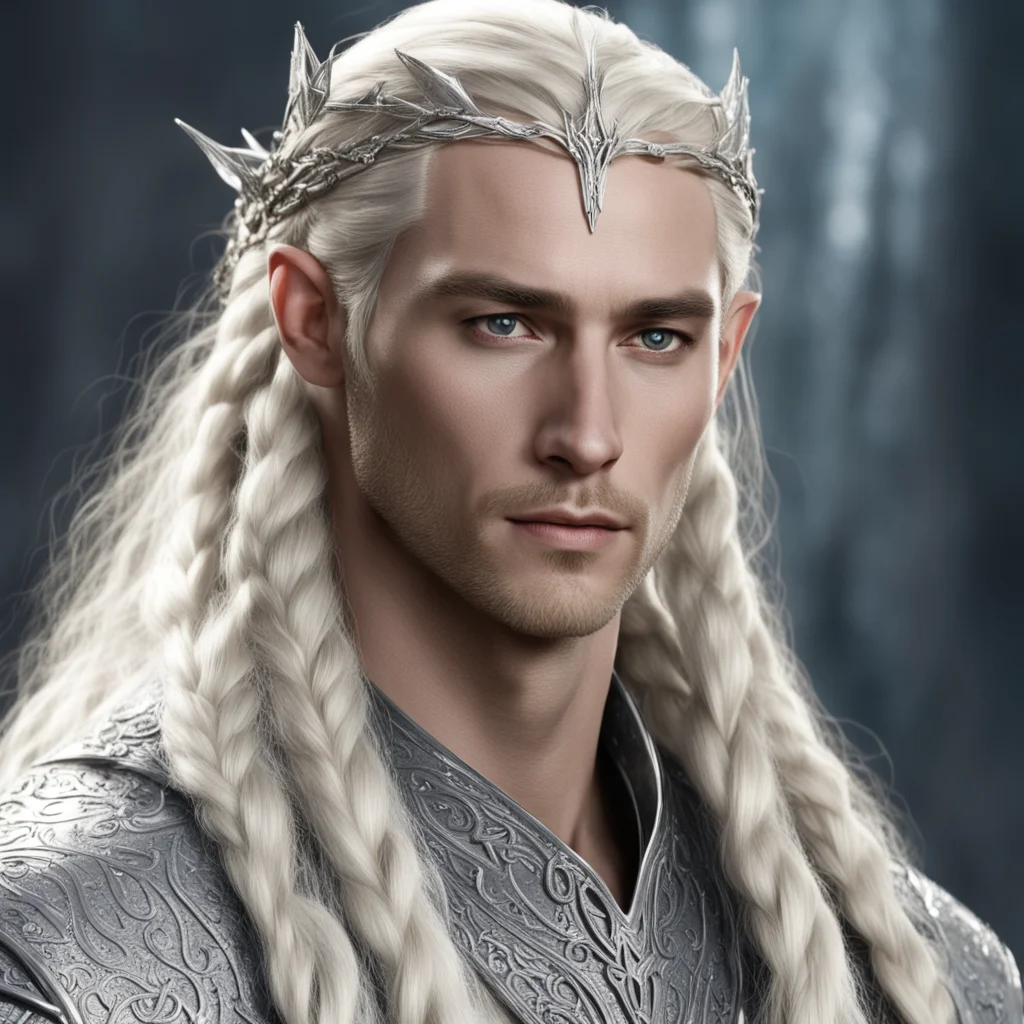 king thranduil with blond hair and braids wearing silver stings of diamonds in braids and small silver sindarin circlet with large center diamond  confident engaging wow artstation art 3