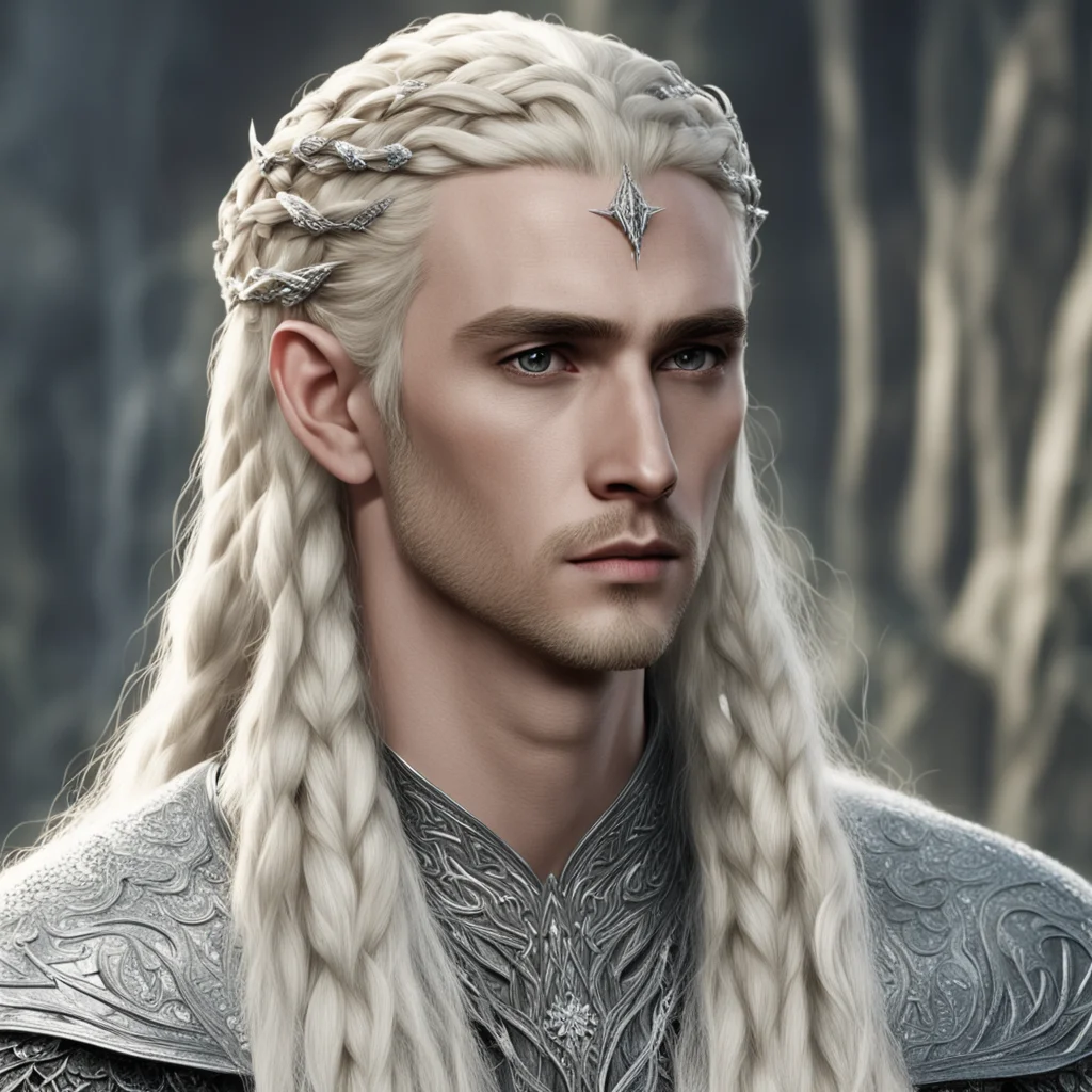 king thranduil with blond hair and braids wearing silver string of diamonds in his hair confident engaging wow artstation art 3