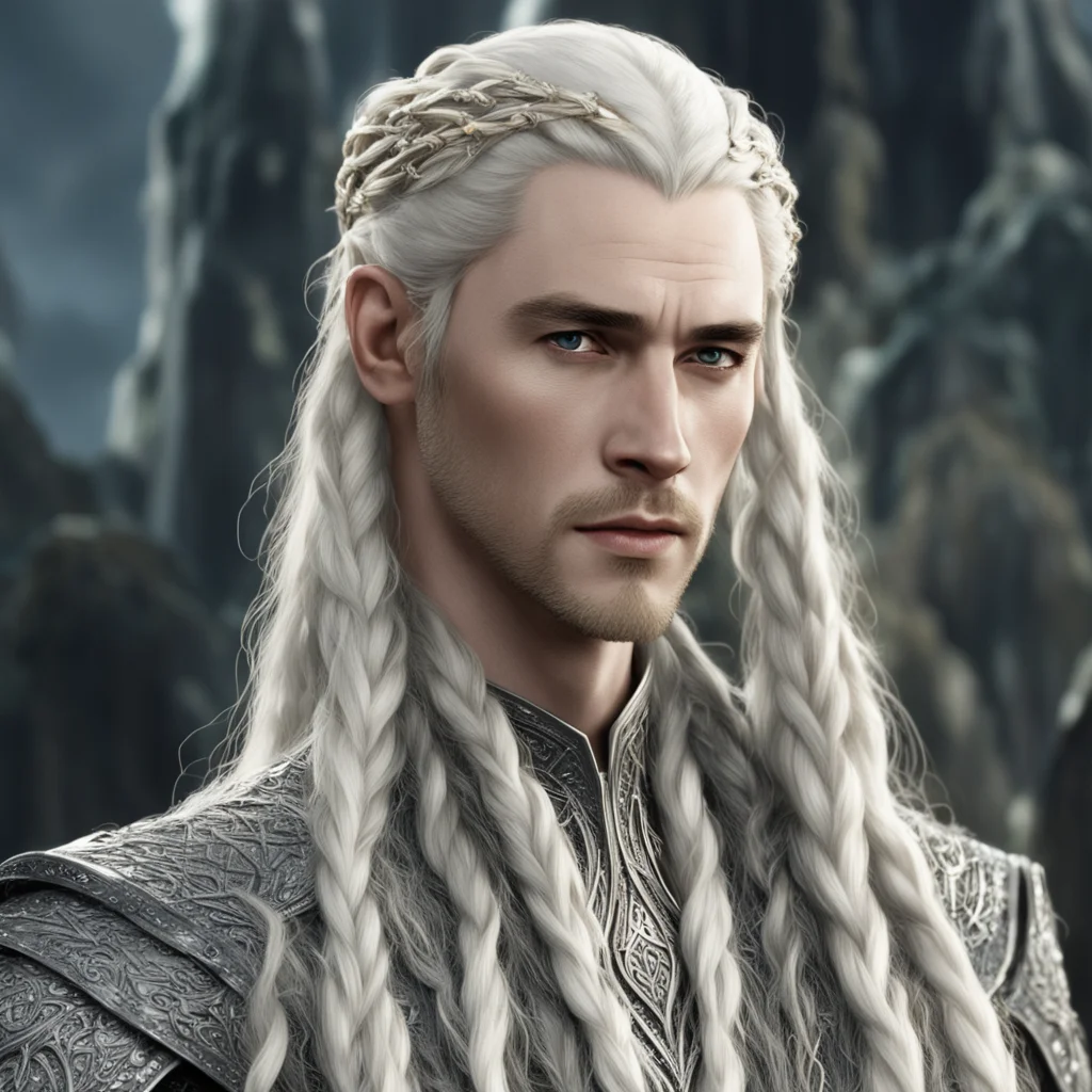 king thranduil with blond hair and braids wearing silver string of diamonds in the braids