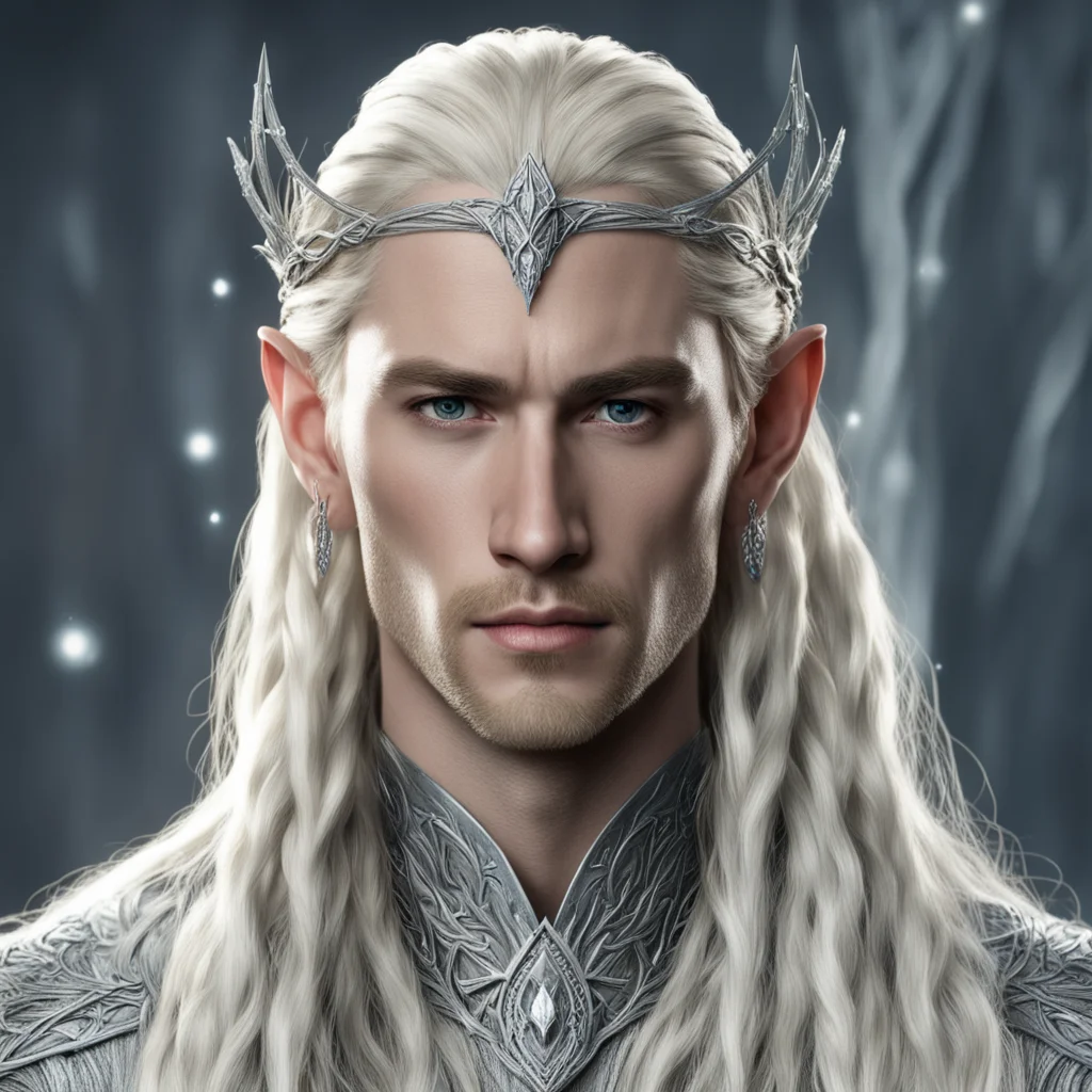 king thranduil with blond hair and braids wearing silver string with diamonds and silver elvish circlet with center diamond good looking trending fantastic 1