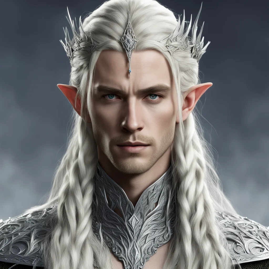 king thranduil with blond hair and braids wearing silver string with diamonds and silver elvish circlet with center diamond