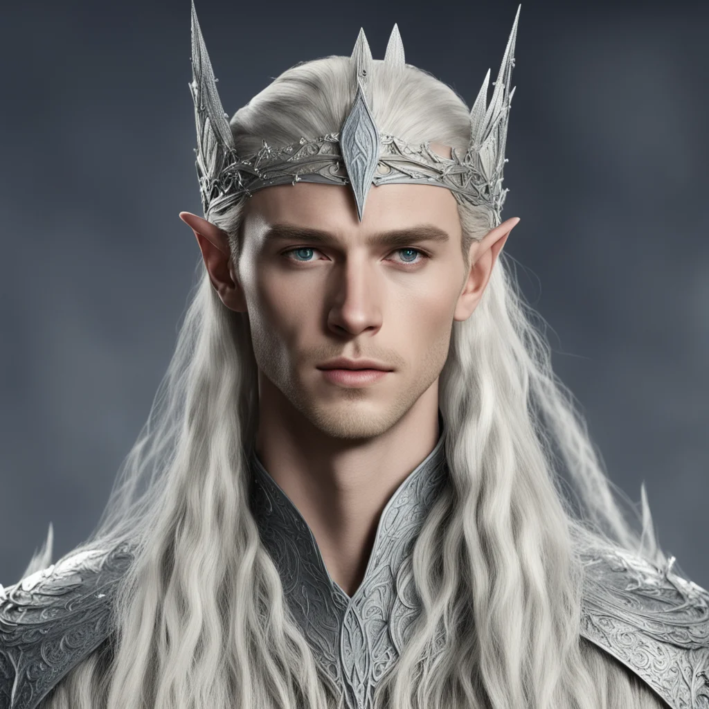 king thranduil with blond hair and braids wearing silver string with diamonds and silver elvish circlet with large center diamond confident engaging wow artstation art 3