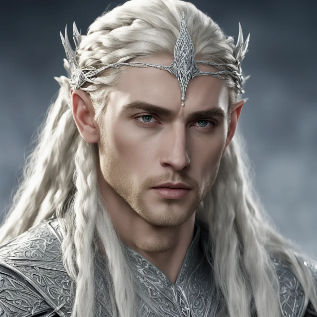 king thranduil with blond hair and braids wearing silver string with diamonds and silver elvish circlet with large center diamond good looking trending fantastic 1
