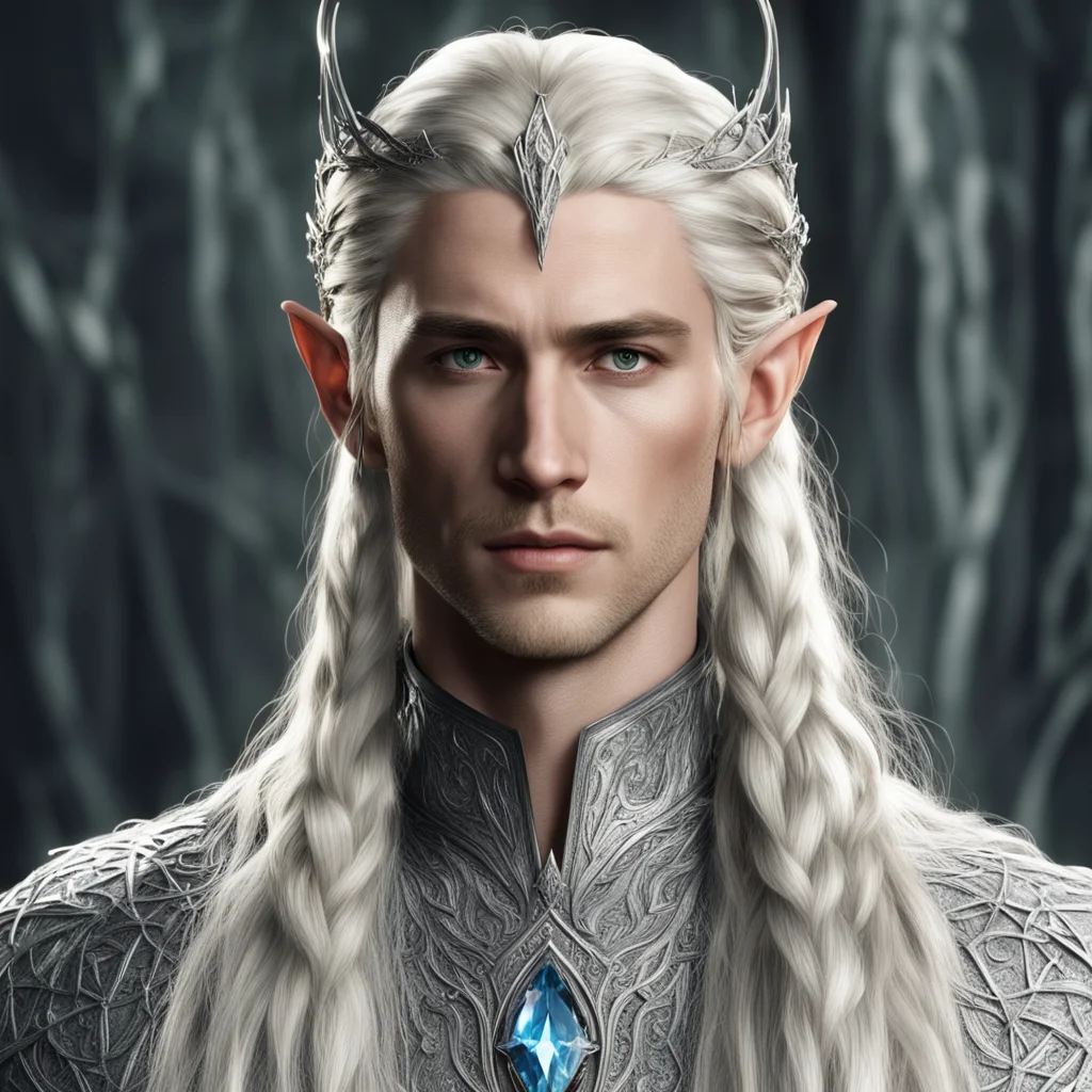king thranduil with blond hair and braids wearing silver string with diamonds and silver elvish circlet with large center diamond