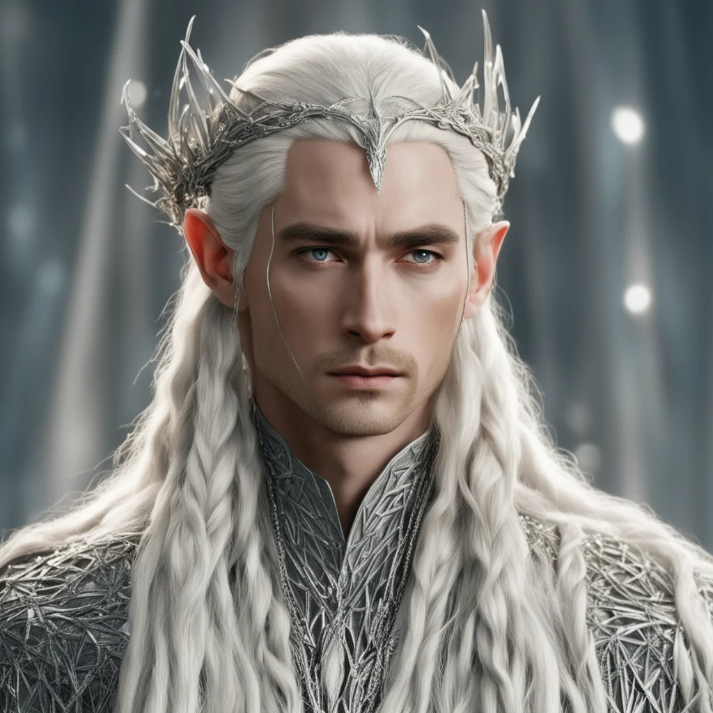 king thranduil with blond hair and braids wearing silver strings loaded with diamonds intertwined to form a net over entire head good looking trending fantastic 1