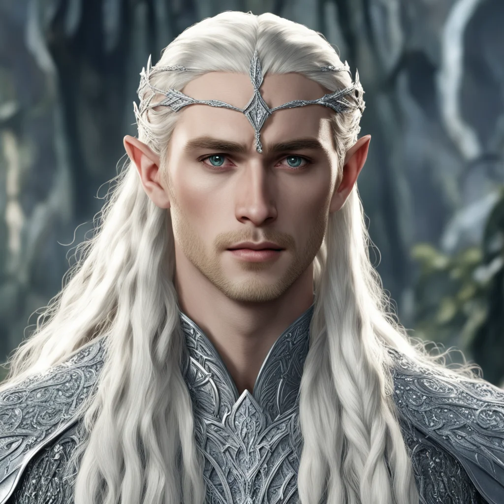 king thranduil with blond hair and braids wearing silver strings of diamonds wearing silver elvish circlet encrusted with diamonds with large center diamond good looking trending fantastic 1