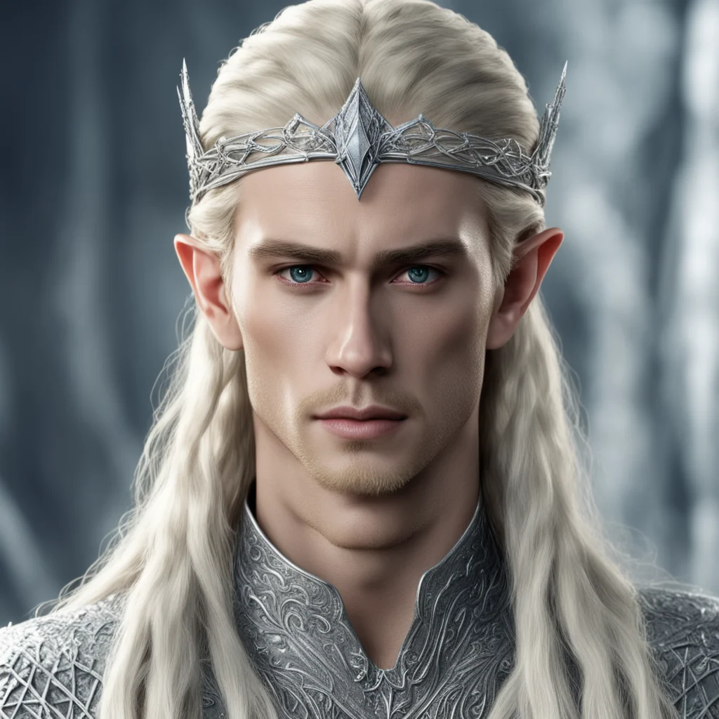 king thranduil with blond hair and braids wearing silver strings of diamonds with small silver nandorin elvish circlet encrusted with diamonds with center diamond  amazing awesome portrait 2