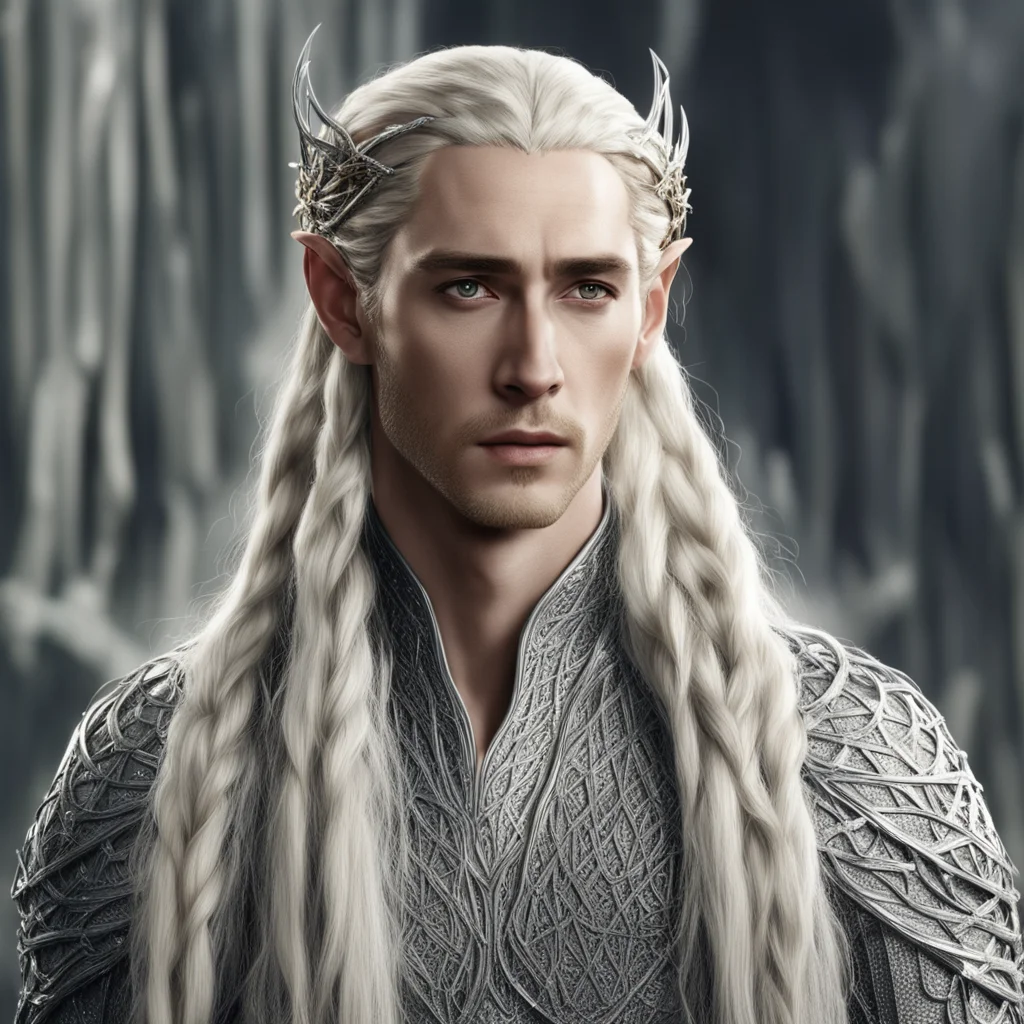king thranduil with blond hair and braids wearing silver strings with diamonds to form a net of the hair amazing awesome portrait 2