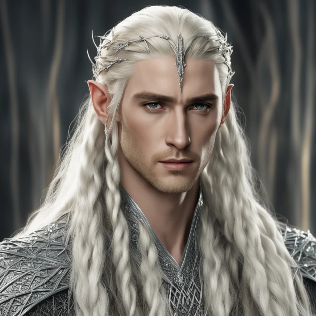 king thranduil with blond hair and braids wearing silver strings with diamonds to form a net of the hair confident engaging wow artstation art 3