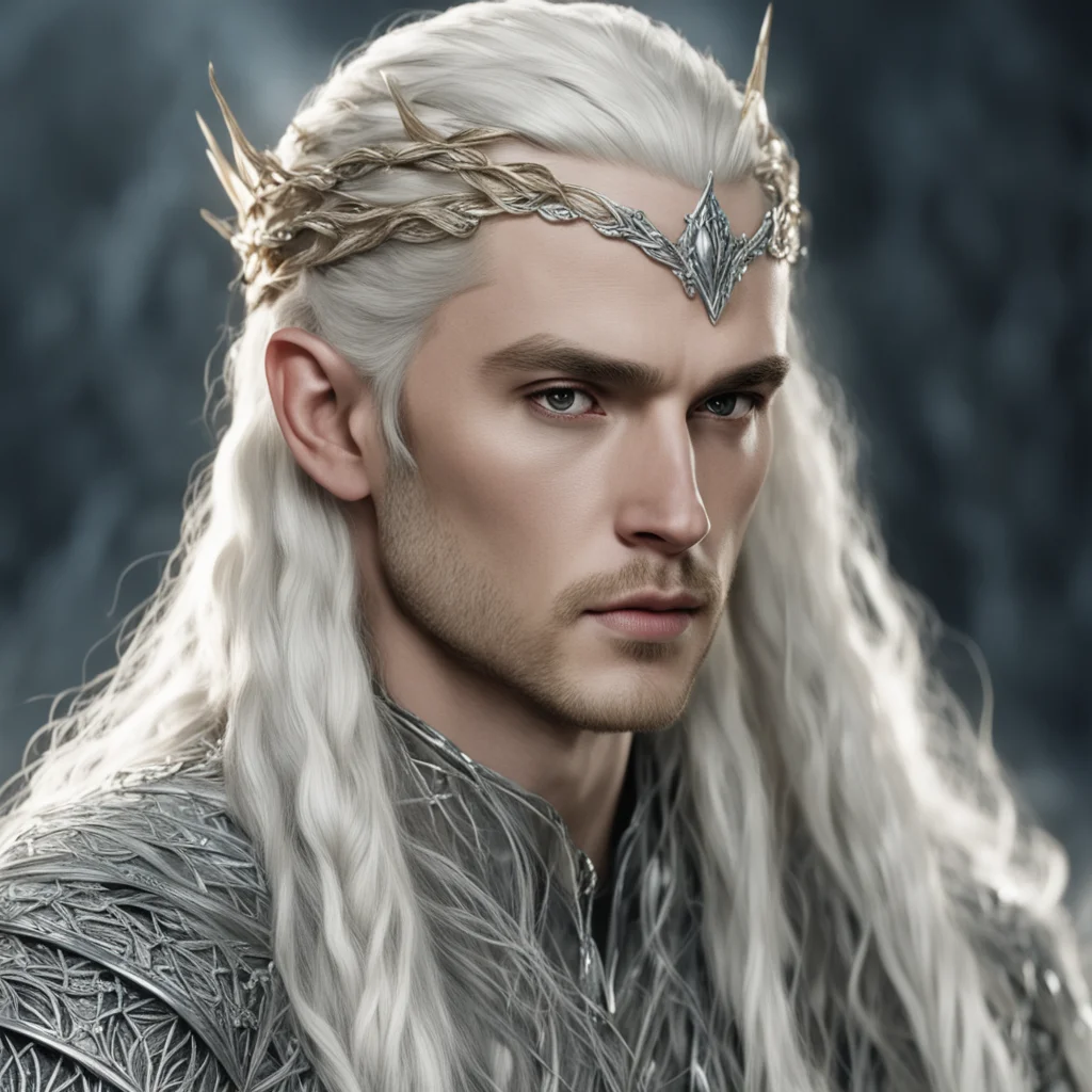 king thranduil with blond hair and braids wearing silver strings with diamonds to form a net of the hair good looking trending fantastic 1